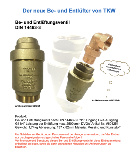 TKW Be- und Entlüftungsventil PN 16 DIN 14462, DVGW Zertifikat - 2500l/min